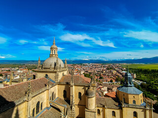 Segovia, Spain, May 22 2025, Aerial view of old town Segovia from the bell tower of Segovia Cathedral