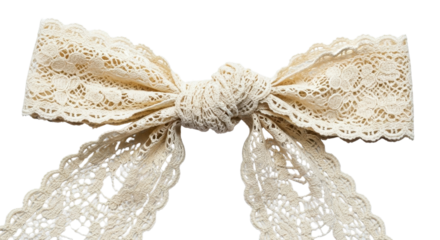 Beige vintage lace ribbon bow with knot, isolated on white background