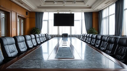 A long conference table dominates a formal meeting room, suggesting a space for important discussions and strategic planning, captured with a focus on symmetry and polished surfaces.