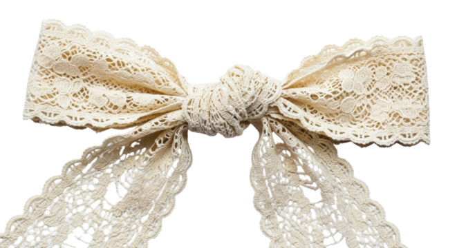 Beige vintage lace ribbon bow with knot, isolated on white background