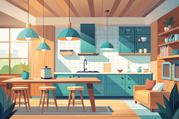 Inviting modern kitchen with teal accents, perfect for cozy cooking and stylish design inspiration now