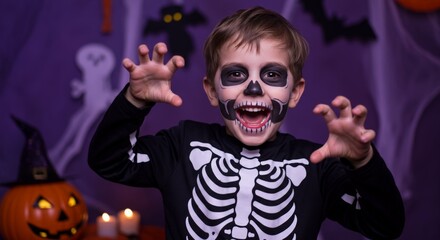 Excited boy in skeleton costume for Halloween