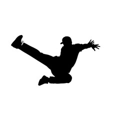 Dynamic silhouette of urban dancer in mid-air jump showcasing street style