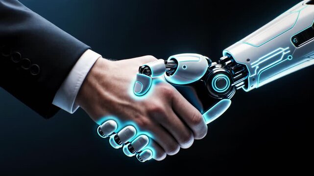 Handshake Between Businessman and Futuristic Robot Arm