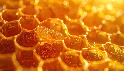 Golden Honeycomb Structure Illuminated by Warm Light Creating a Detailed Pattern of Hexagons with Liquid Honey Filling the Cells