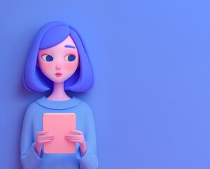 3d girl with holding a digital tablet and looking sideways on blue background