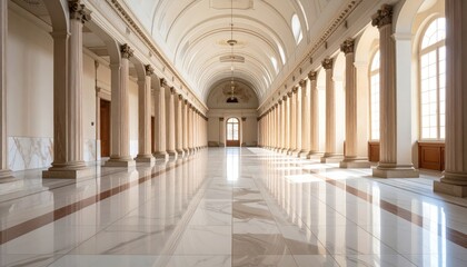 A grand, symmetrical hallway with marble floors and classical columns, bathed in natural light.