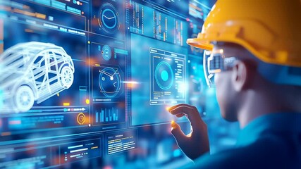 Professional engineer in yellow hardhat and safety glasses interacts with holographic car design interface. Wireframe vehicle model displayed on digital screen with multiple data panels - Powered by Adobe