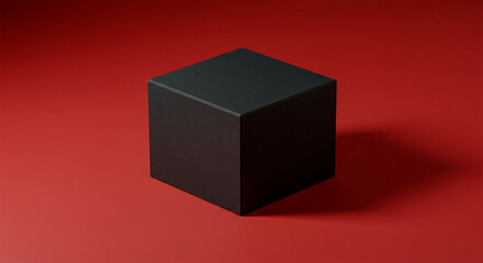 Sleek black cube on vibrant red background creates modern minimalist scene