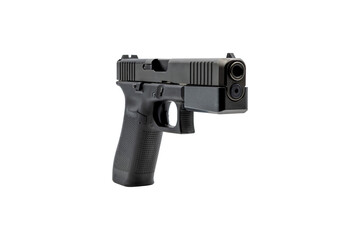 Black semi-automatic pistol with polymer frame on a transparent background