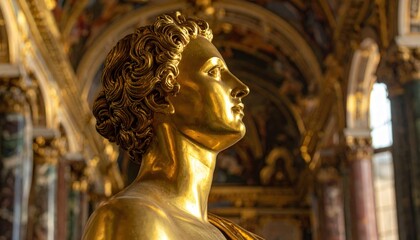 A golden bust of a man with curly hair stands in an ornate, decorated interior.
