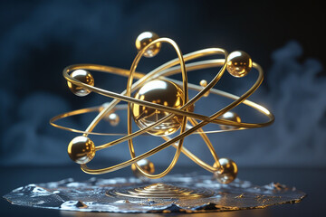 "3D rendering of metallic atom model with golden rings and orbiting electron spheres on dark smoky background, futuristic scientific illustration of atomic structure and quantum physics"