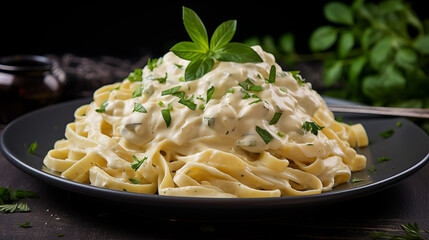 Plat de p&acirc;tes italiennes, tagliatelles avec une sauce au fromage, au poivre et aux herbes. Assiette bien garnie, plat copieux et d&eacute;licieux. Cuisine italienne. Pour conception et cr&eacute;ation graphique.