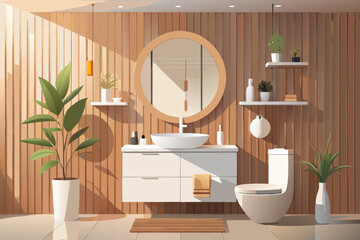 Modern bathroom interior design with warm wood accents, natural light, and indoor plants for relaxing home spa