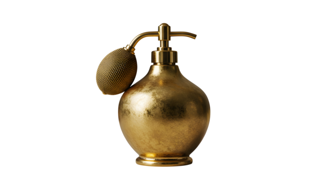 Gold perfume bottle showcases vintage texture against black, ideal for product staging or luxury branding.