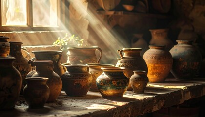 Sunlight streams through a window, illuminating a collection of antique clay pots and jugs on a rustic table.