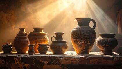Ancient clay pots bathed in warm sunlight, displayed on a rustic surface.