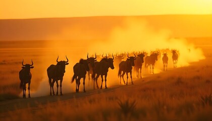 A cloud of dust rises behind a herd of wildebeest as they run across the golden savanna during a dramatic African sunset.