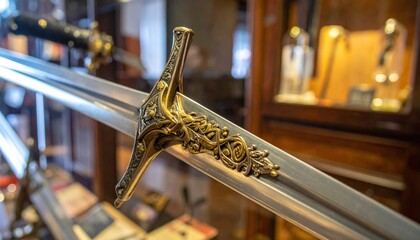 Close-up of an ornate sword with a golden hilt, displayed in a museum case.