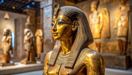 Golden statue of an Egyptian pharaoh, displayed in a museum exhibit.