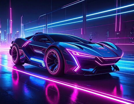 Futuristic Neon Car in Cityscape at Night