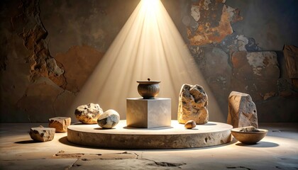 A spotlight illuminates a display of pottery and stones on a circular platform against a textured wall.