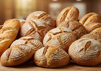 A tempting arrangement of freshly baked bread loaves, showcasing the golden crust, appealing textures, and inviting aromas of various artisan bakery goods.