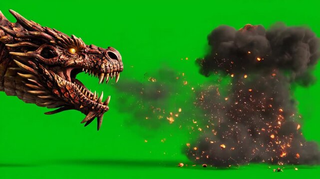 Dragon exhales fire on a green screen featuring a detailed dragon head and a fiery explosion