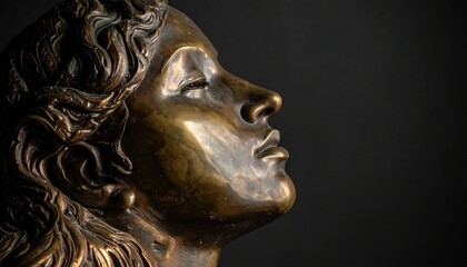 Close-up bronze sculpture of a woman's head, profile view, detailed artistry.