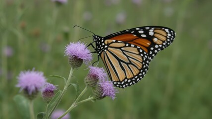 Fototapeta premium Monarch Butterfly on Flower: A vibrant monarch butterfly delicately perched on a cluster of soft purple flowers, epitomizing the elegance and vitality of nature.