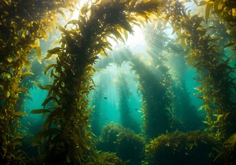 Fototapeta premium Underwater world with sunlight rays penetrating a vibrant kelp forest, showcasing natural underwater beauty.