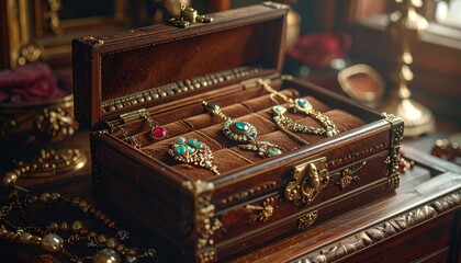 An open, ornate wooden jewelry box displays necklaces, earrings, and brooches with turquoise and ruby accents.