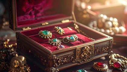 Ornate jewelry box filled with various precious gemstones and gold-toned pieces.