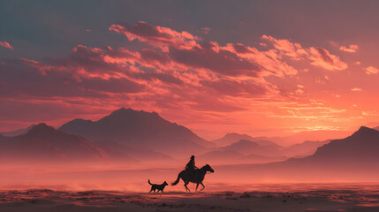 Fototapeta premium Silhouette of Rider Horse and Dog in Pink Desert Landscape