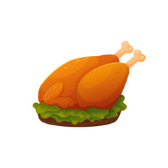 Vector baked turkey or chicken with lettuce leaves on a white background. Cartoon style.