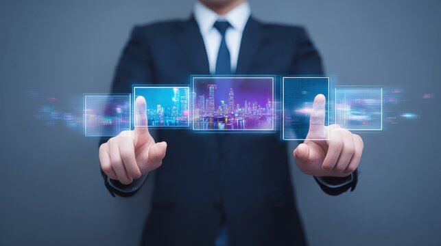 Businessman navigating urban landscape, tablet displaying city car interface for modern commute