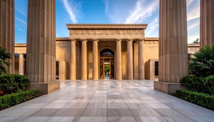 Architectural view of a building facade with prominent columns, marble pathway, and blue sky.