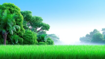 Mystical morning fog, enchanting green field landscape with majestic trees serene