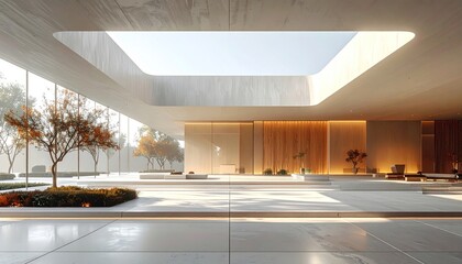 Modern architectural interior showcasing a spacious, minimalist design with natural light and outdoor views.
