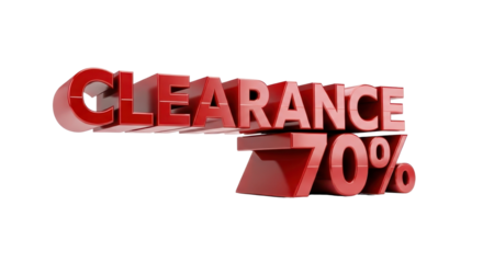 Bold Red Glossy 3D Text "CLEARANCE 70%" Isolated Marketing Promotion Render