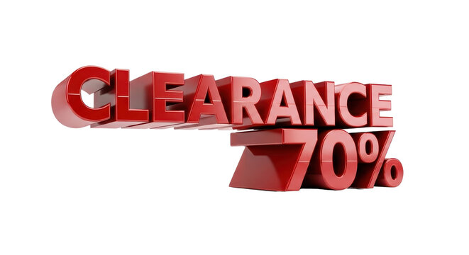 Bold 3D red 'CLEARANCE 70%' text on a clean white background, perfect for retail sales, discount promotions, and marketing banners.