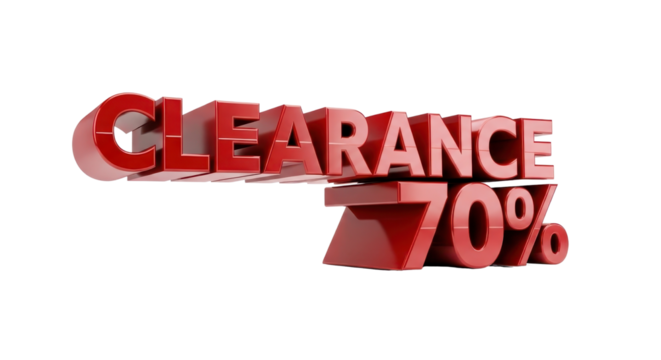 Bold Red Glossy 3D Text "CLEARANCE 70%" Isolated Marketing Promotion Render