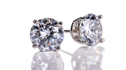 Close-up of sparkling round brilliant cut diamond stud earrings
