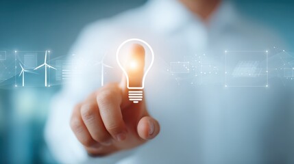 Illuminating innovation, man in white shirt points to a bright idea, symbolizing inspiration and creativity