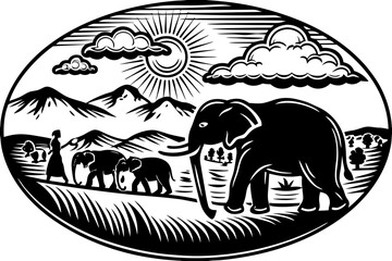 Fototapeta premium Black and White Woman Leading Elephants Landscape Illustration Art
