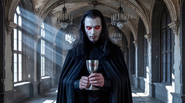 Vampire with Goblet in Gothic Hall - Powered by Adobe