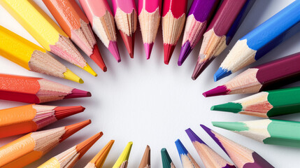 Fototapeta premium Color Wheel. Colored pencils forming a color circle. White background.