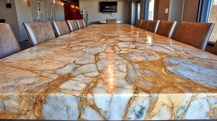 A long conference table with a striking, veined marble surface dominates the frame, suggesting a space for important discussions and collaborative work within a modern interior.
