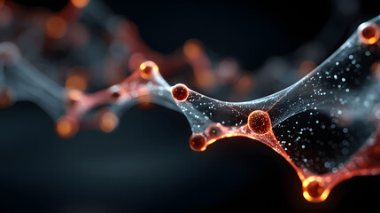 Abstract digital network with glowing nodes and lines on dark background. Ideal for themes of AI, big data, cybersecurity, communication, and futuristic technology.