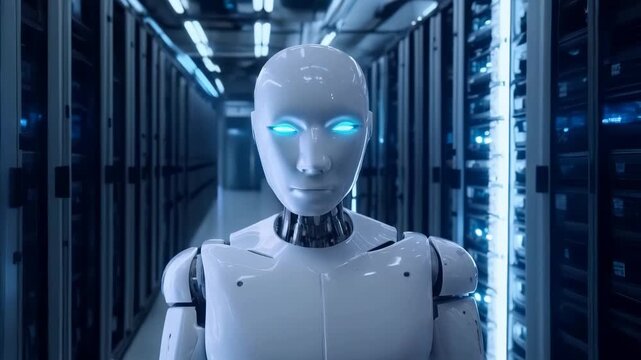 White humanoid robot with glowing blue eyes standing in sleek server room corridor. Robotic figure positioned centrally between rows of illuminated server racks. Blue-tinted lighting